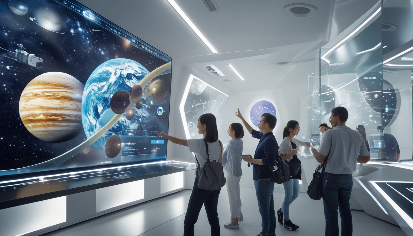 Sekelompok orang sedang berinteraksi dengan teknologi simulasi antariksa interaktif yang menampilkan tata surya di ruang pameran modern.