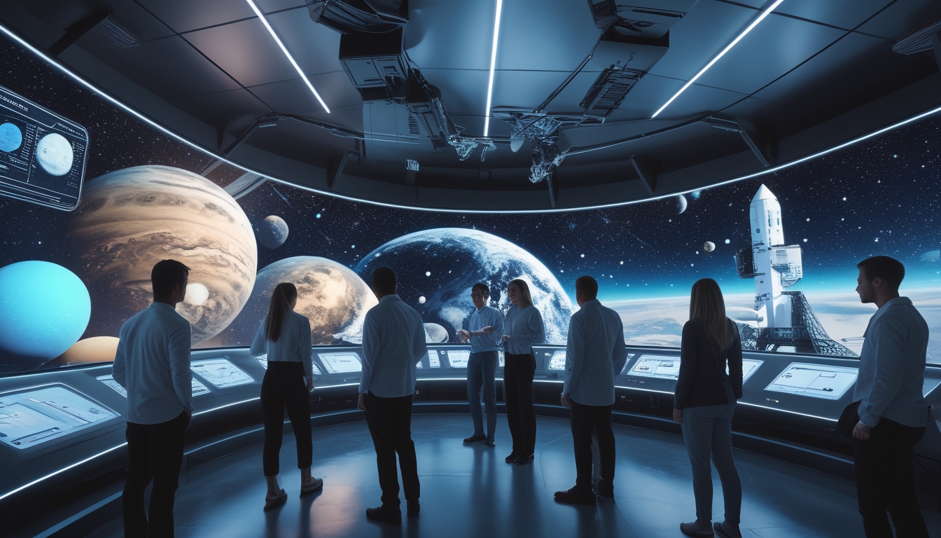 Ruang kontrol futuristik dengan ilmuwan yang mengamati model 3D tata surya dan alat simulasi antariksa interaktif.