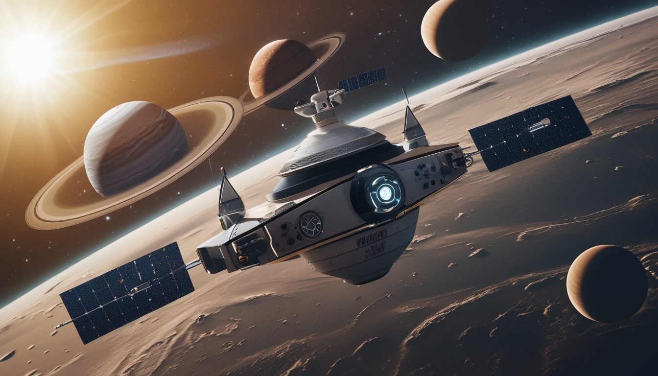 Sebuah pesawat luar angkasa modern mengorbit tata surya yang menampilkan matahari dan planet-planet dengan latar belakang bintang dan galaksi.