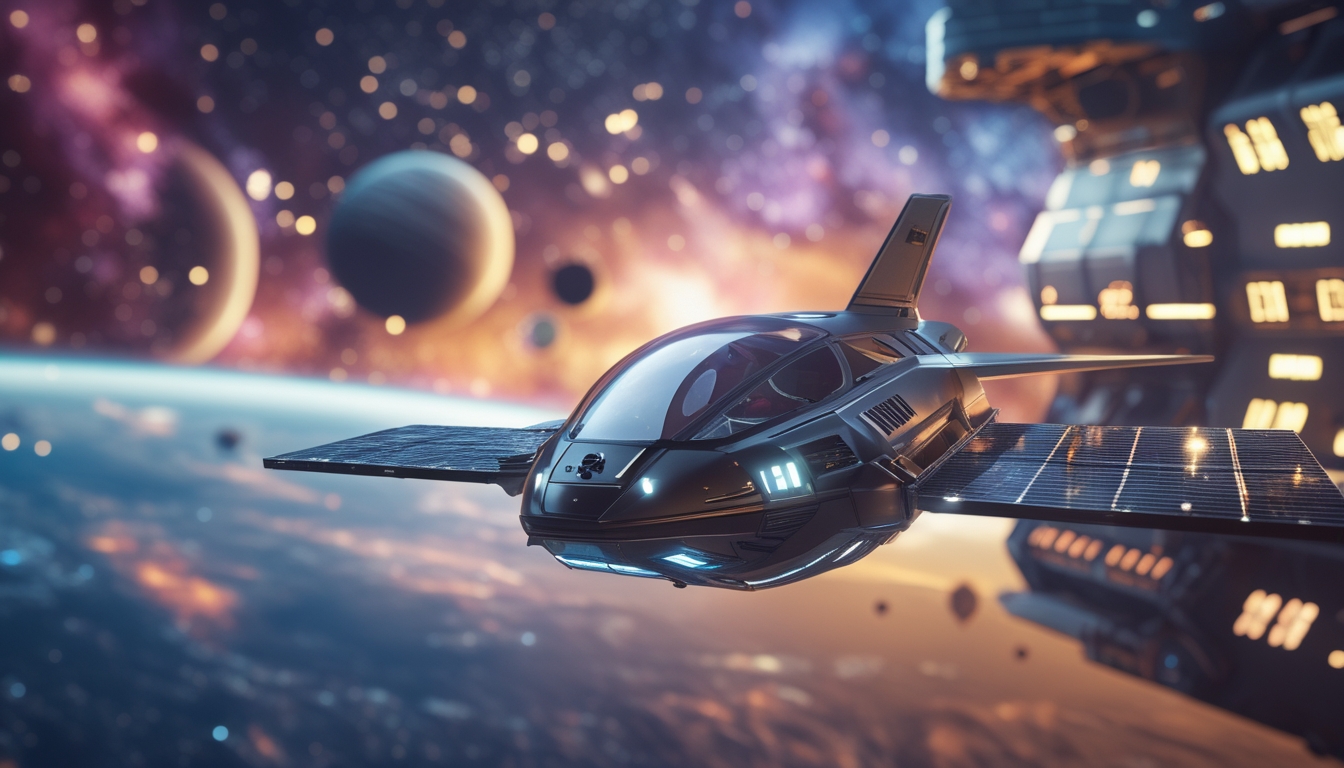 Sebuah pesawat ruang angkasa futuristik mengorbit planet di tata surya dengan latar belakang stasiun luar angkasa dan bintang-bintang.
