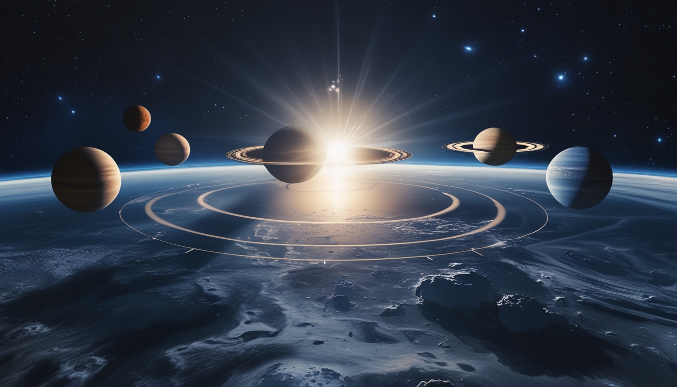 Gambaran tata surya dengan Matahari di tengah dan delapan planet mengelilinginya, masing-masing dengan warna dan ciri khas yang berbeda, di latar belakang ruang angkasa yang gelap penuh bintang.