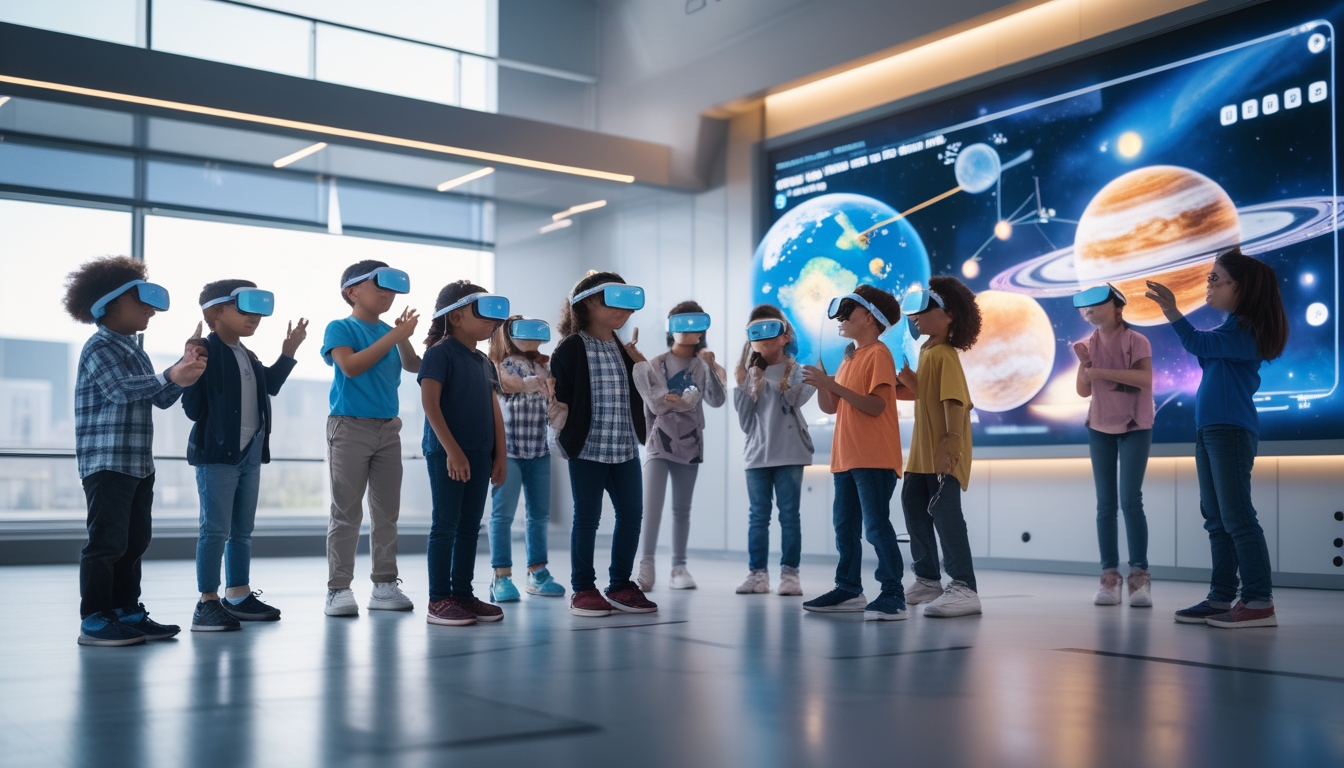 Sekelompok anak dan pelajar menggunakan headset realitas virtual untuk menjelajahi model tata surya secara interaktif.