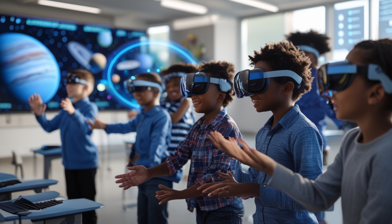 Sekelompok anak dan pelajar menggunakan headset realitas virtual untuk menjelajahi tata surya di dalam kelas modern.