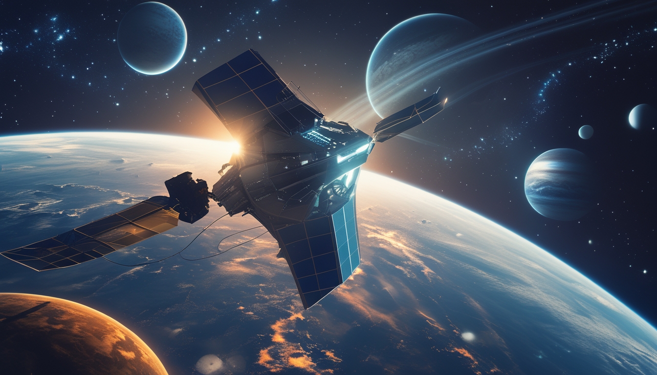 Pemandangan tata surya dengan planet-planet dan galaksi di latar belakang, serta pesawat luar angkasa yang mengorbit.