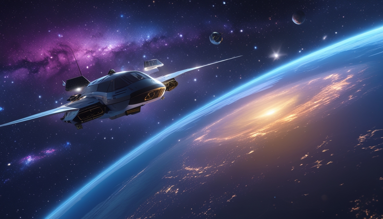 Sebuah pesawat luar angkasa mengorbit planet berwarna cerah dengan latar belakang bintang dan galaksi jauh.