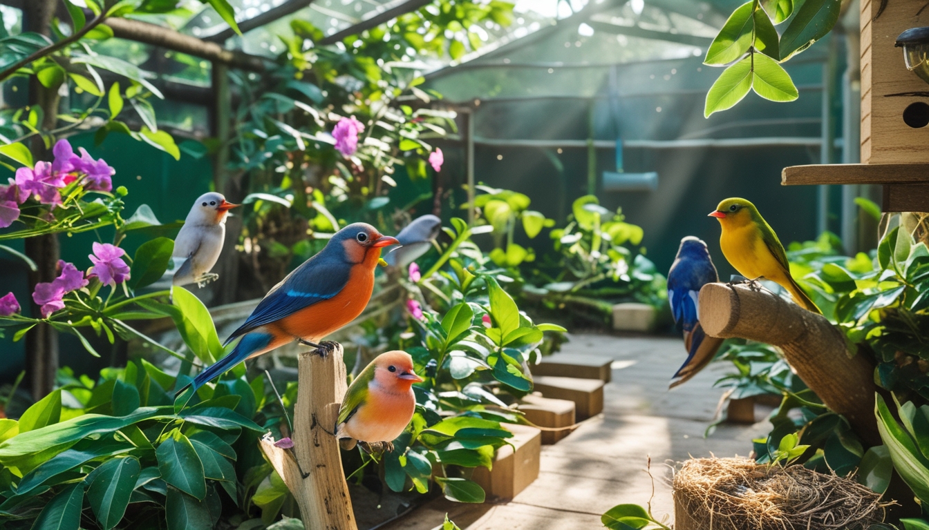 Habitat burung kicau yang hijau dan alami dengan burung berwarna cerah sedang bertengger dan berkicau di dalam aviari yang terang dan bersih.