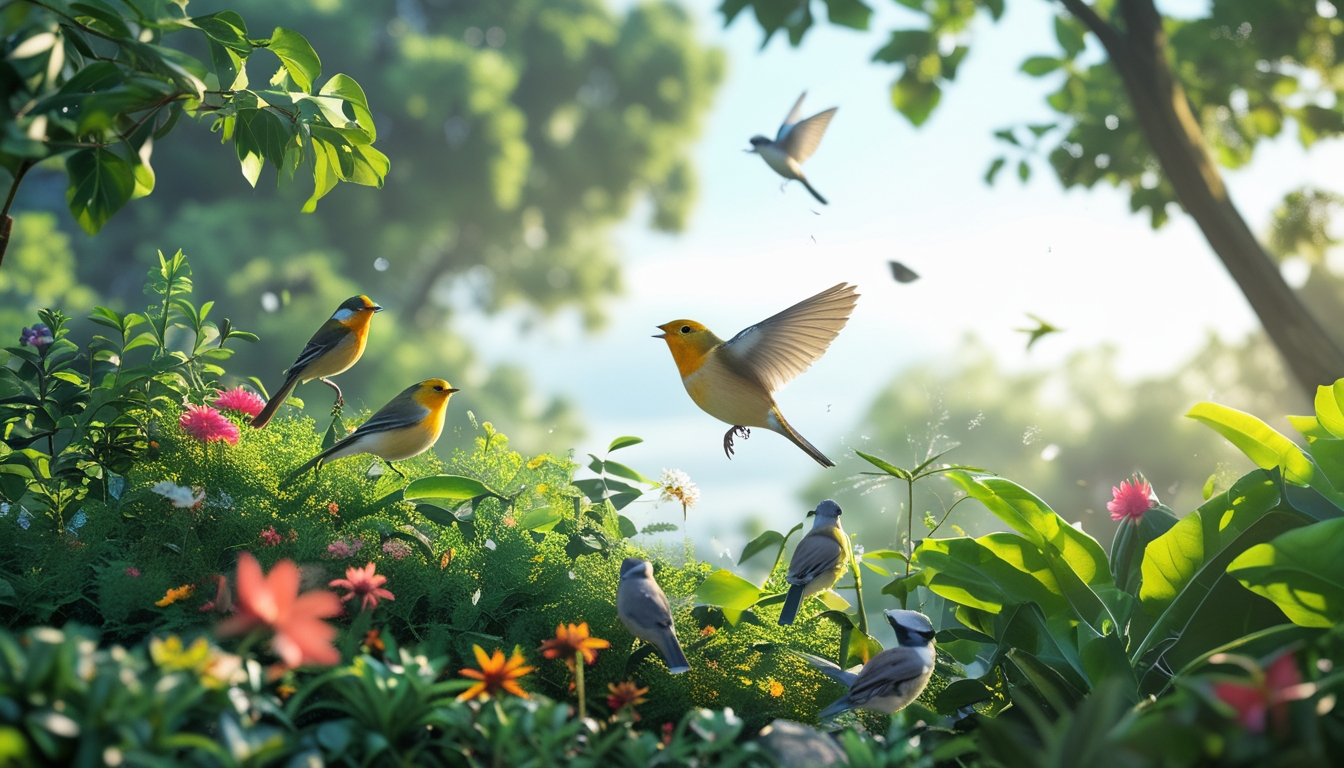 Beberapa burung kicau berwarna cerah sedang bertengger dan terbang di habitat alami yang hijau dan subur dengan tanaman berbunga dan sinar matahari yang lembut.