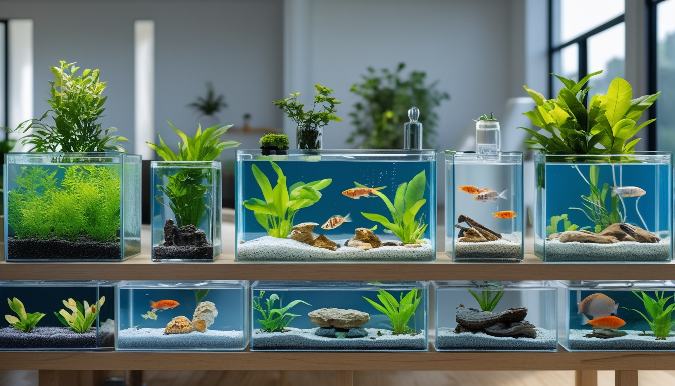 Tujuh akuarium air tawar dengan ikan hias berwarna-warni dan tanaman air di dalam rumah.