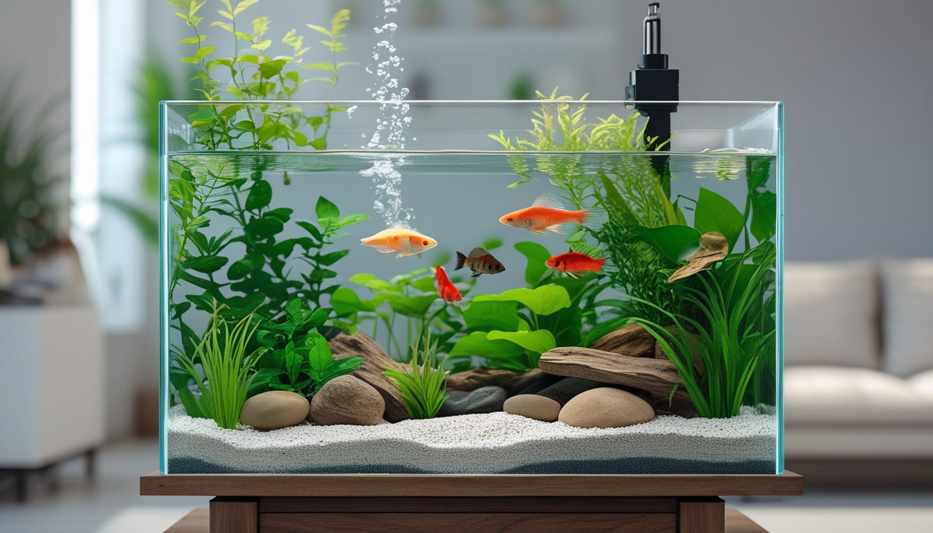 Akuarium air tawar yang jernih dengan ikan hias berwarna-warni dan tanaman air hijau di dalam ruangan yang terang dan rapi.