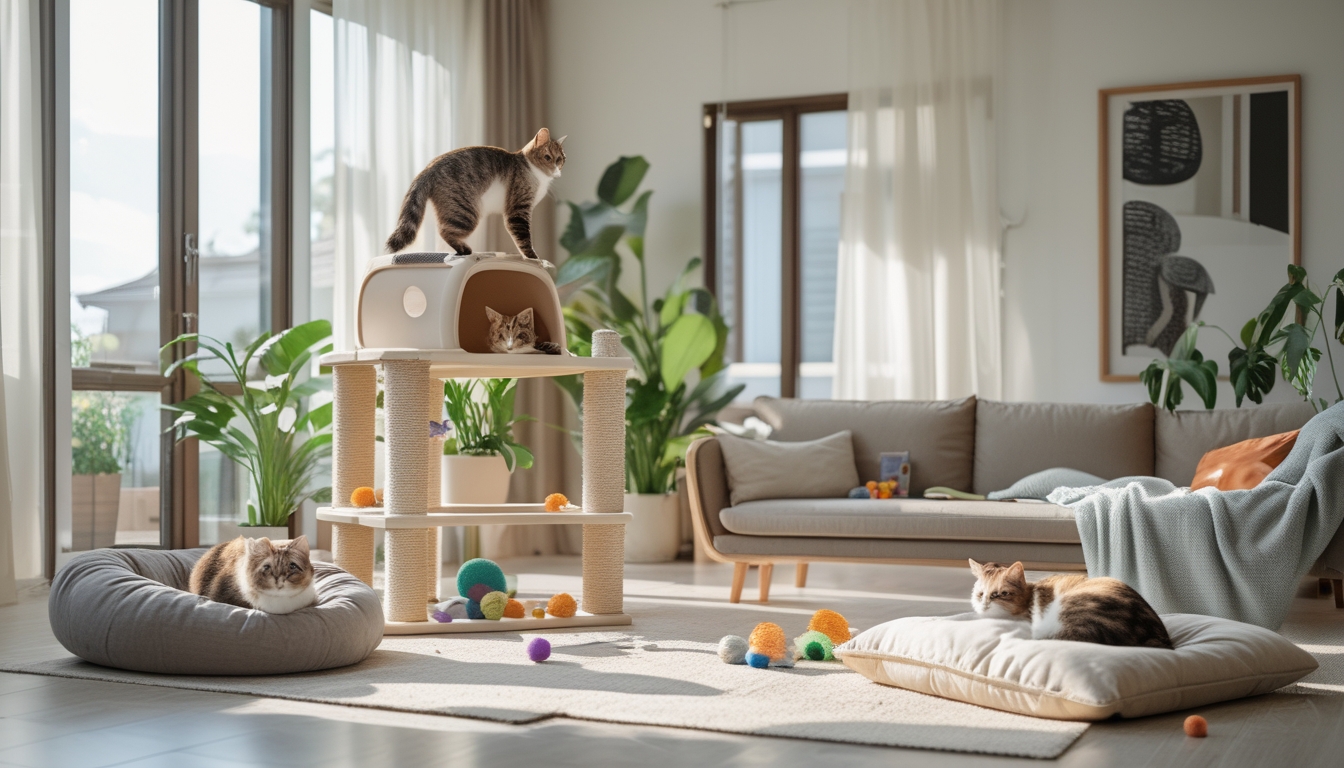 Ruangan dalam rumah yang nyaman dengan pohon kucing, mainan, dan tempat istirahat untuk kucing peliharaan yang aktif dan nyaman.
