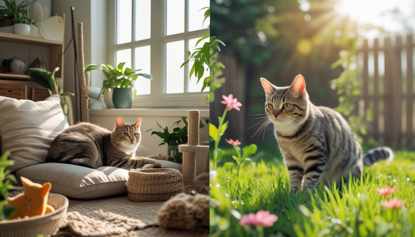 Seekor kucing di dalam ruangan yang nyaman dan seekor kucing yang sedang menjelajah taman hijau di luar ruangan.