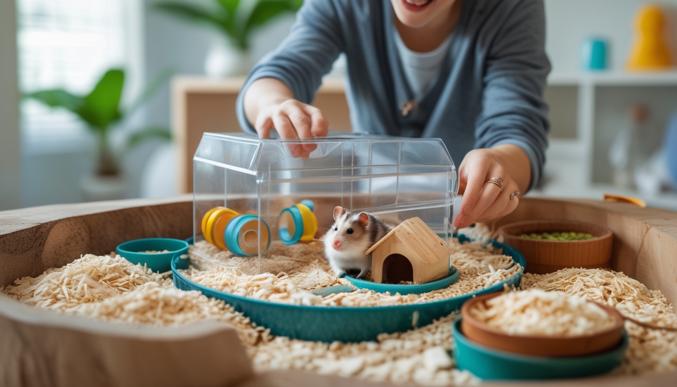 Seseorang sedang menata kandang hamster dengan perlengkapan lengkap di dalam ruangan yang terang dan nyaman.