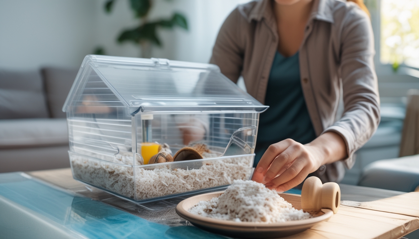 Seseorang sedang menata kandang hamster dengan perlengkapan seperti tempat makan, tempat minum, dan roda mainan di dalam ruangan yang terang.