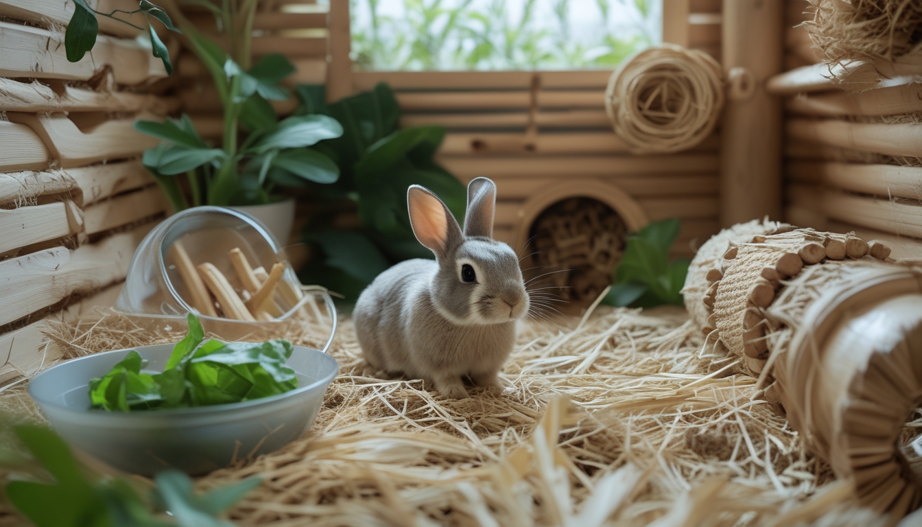 Seekor kelinci yang sehat dan tenang di dalam habitat yang luas dan bersih dengan tempat tidur dari jerami dan mainan alami.