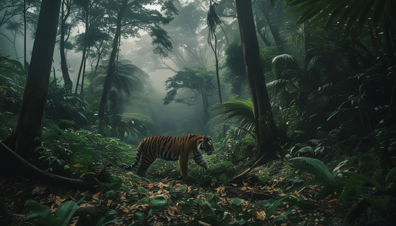 Seekor harimau Sumatra sedang berjalan di hutan hujan tropis yang lebat dan hijau.