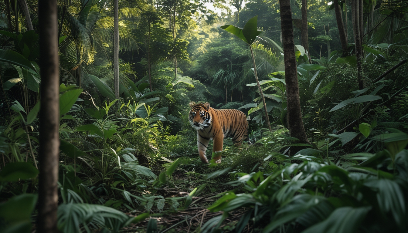 Seekor harimau Sumatra di habitat aslinya, di tengah hutan hujan tropis yang lebat dan hijau.