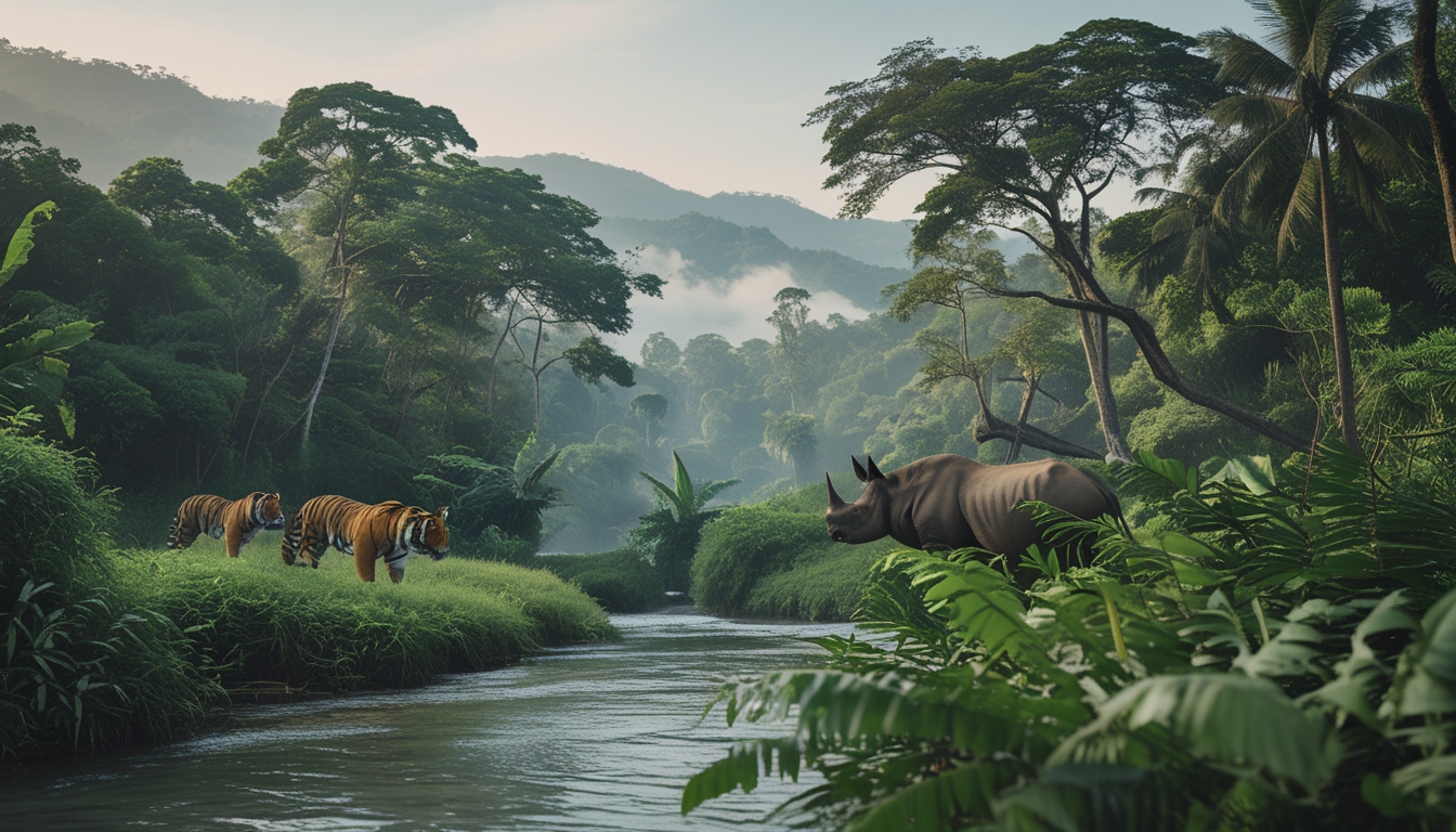 Hutan hujan tropis yang rimbun dengan sungai mengalir dan beberapa satwa langka Indonesia seperti harimau sumatera, badak jawa, dan jalak bali terlihat di habitat alaminya.