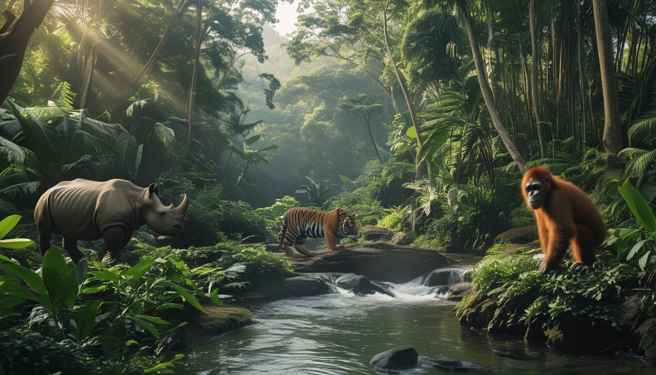 Hutan tropis Indonesia yang lebat dengan berbagai satwa langka seperti badak jawa, harimau sumatera, dan orangutan di habitat aslinya.