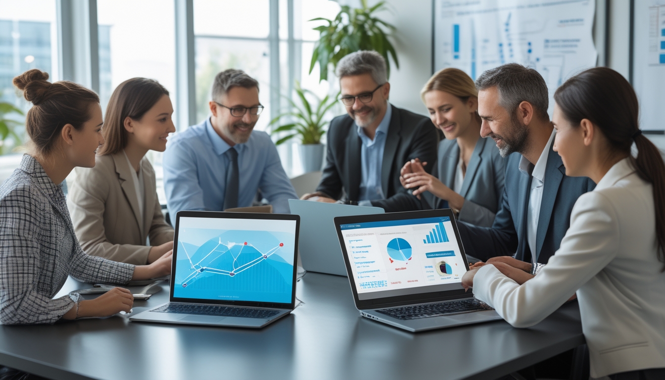 Sekelompok profesional bisnis sedang bekerja bersama di ruang kantor modern dengan laptop dan perangkat digital, membahas strategi untuk bisnis online dan UMKM.