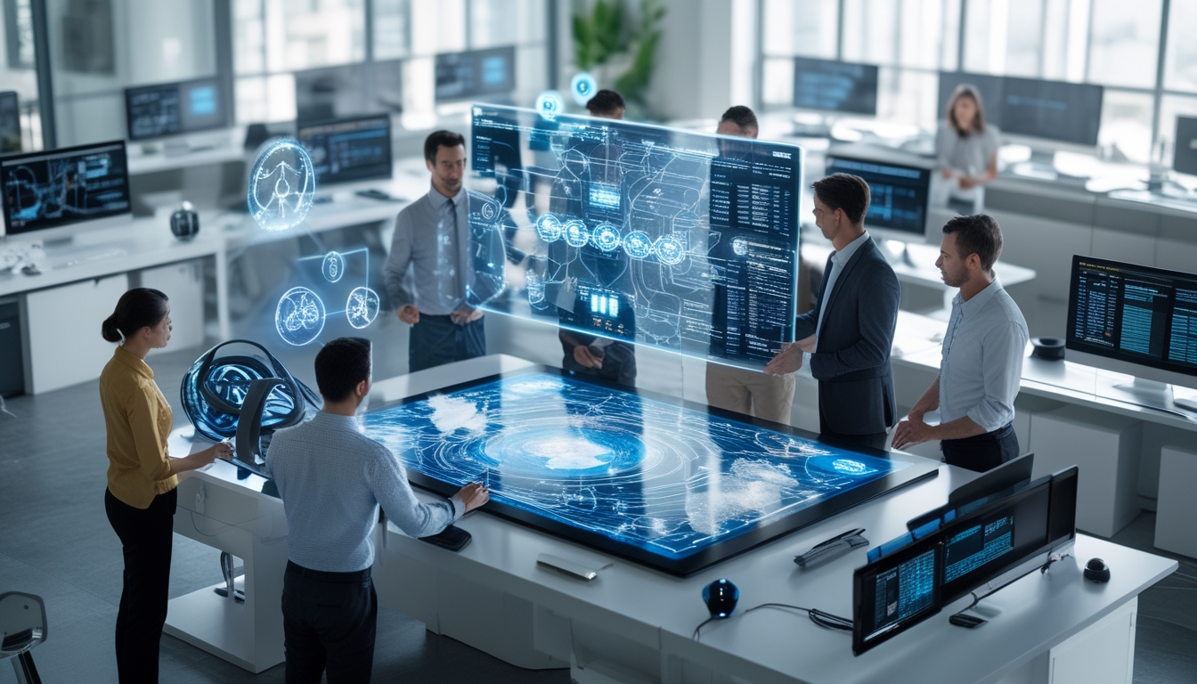 Sekelompok profesional bekerja sama di ruang kantor modern dengan layar digital menampilkan diagram dan grafik teknologi AI.