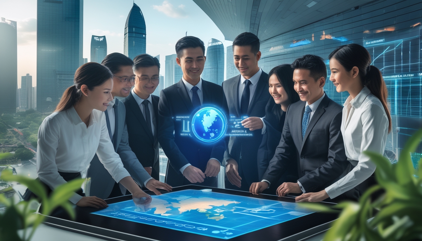 Sekelompok profesional dari berbagai etnis Asia Tenggara berkumpul di depan peta digital yang menyoroti Indonesia, dengan latar belakang kota Jakarta yang modern dan ramai.
