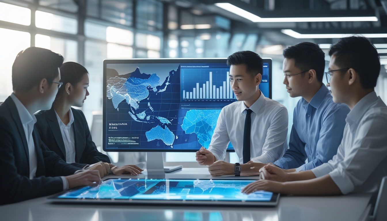 Sekelompok profesional Indonesia bekerja sama di kantor modern dengan layar sentuh digital yang menampilkan grafik dan peta Indonesia serta Asia Tenggara.