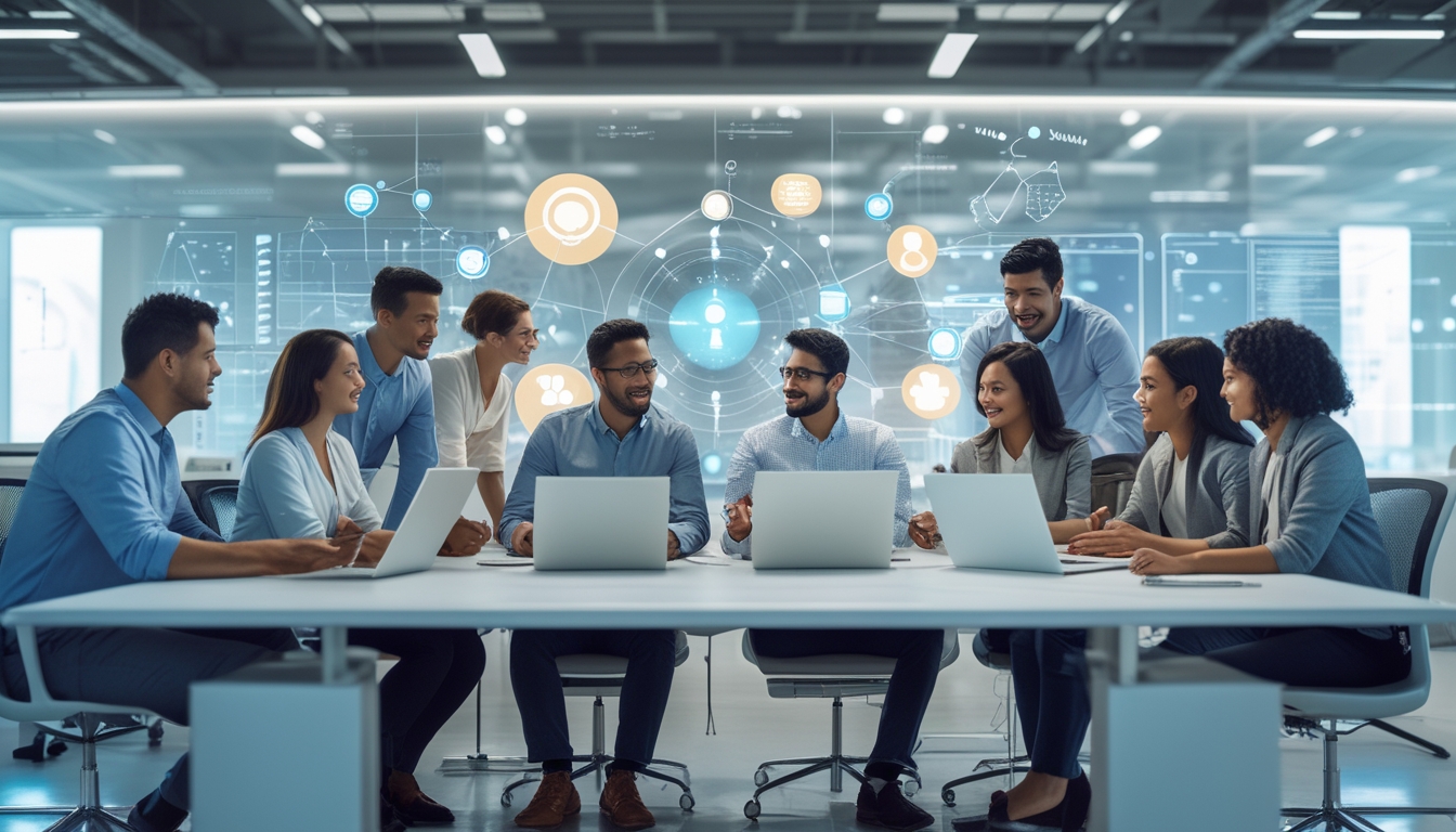 Sekelompok orang beragam bekerja sama di kantor modern dengan perangkat digital, berdiskusi dan berbagi ide untuk pertumbuhan komunitas digital.