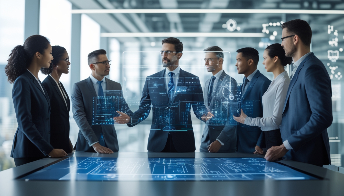 Sekelompok profesional sedang berdiskusi dan bekerja sama di sekitar meja digital dengan tampilan data teknologi di kantor modern dengan pemandangan kota di latar belakang.
