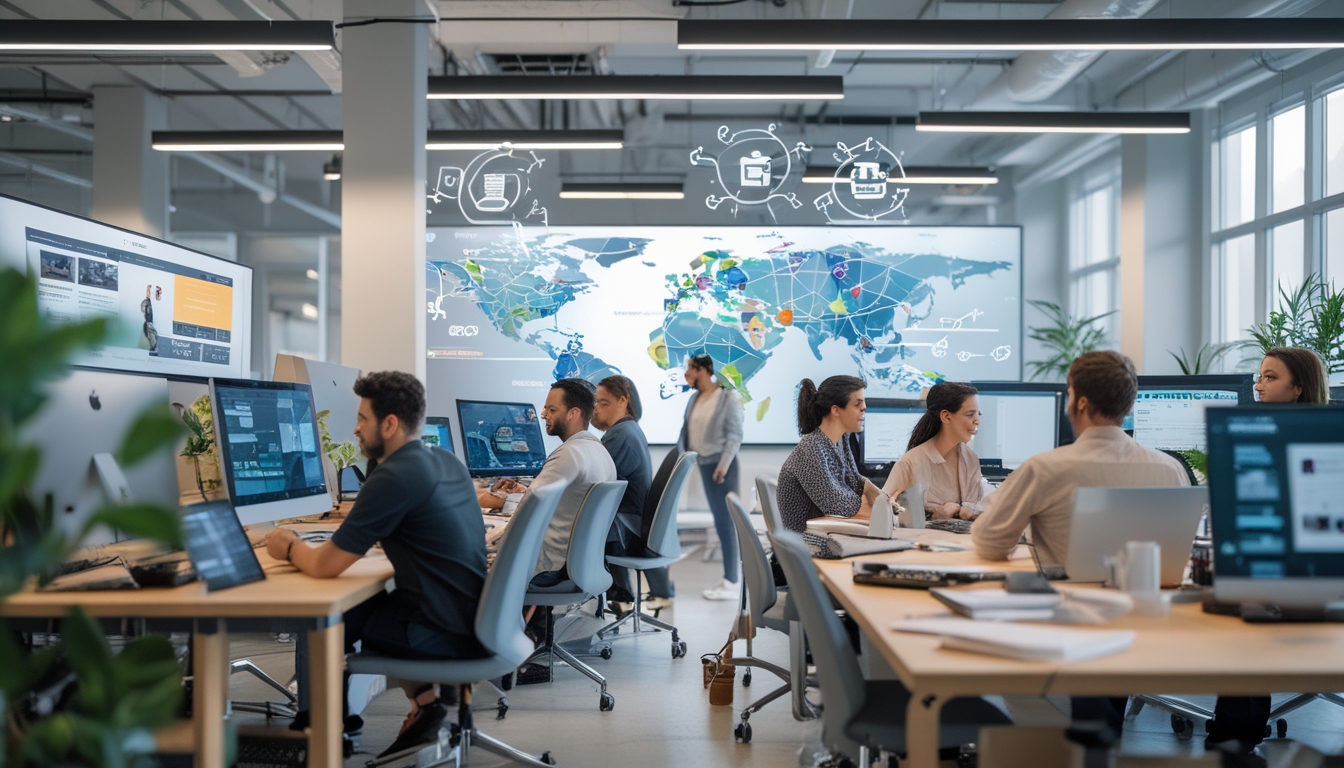 Beberapa orang bekerja bersama di ruang kantor modern dengan perangkat digital, menciptakan dan mengelola konten kreatif.