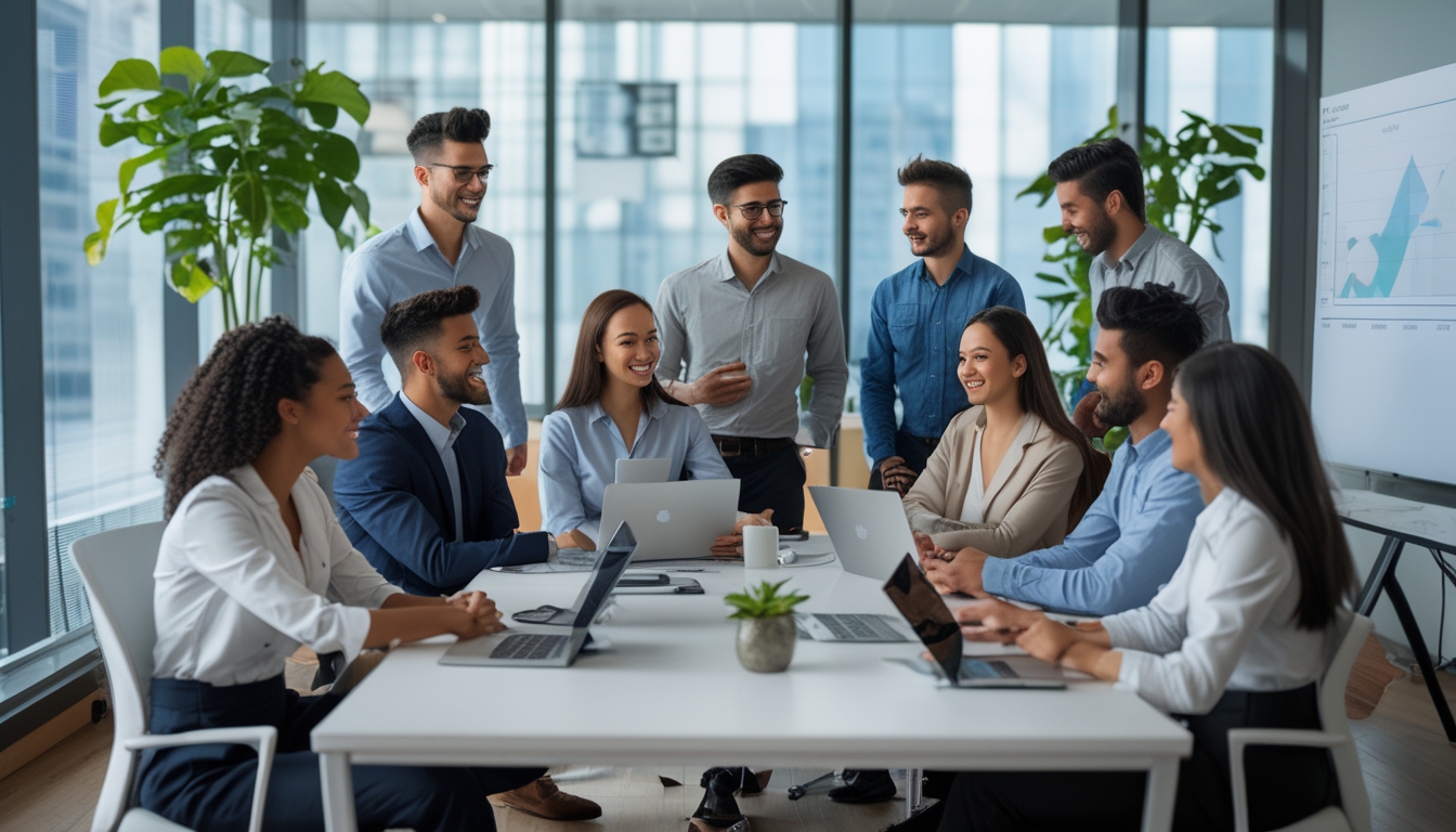 Sekelompok profesional muda sedang berdiskusi dan bekerja bersama di kantor modern dengan pemandangan kota di latar belakang.
