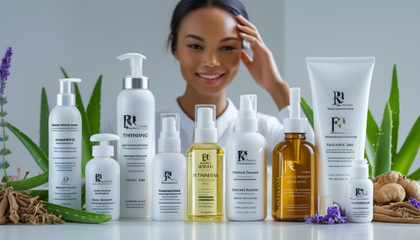 Berbagai produk perawatan rambut untuk rambut rontok dan tipis dengan bahan alami dan seorang wanita dengan rambut sehat di latar belakang.
