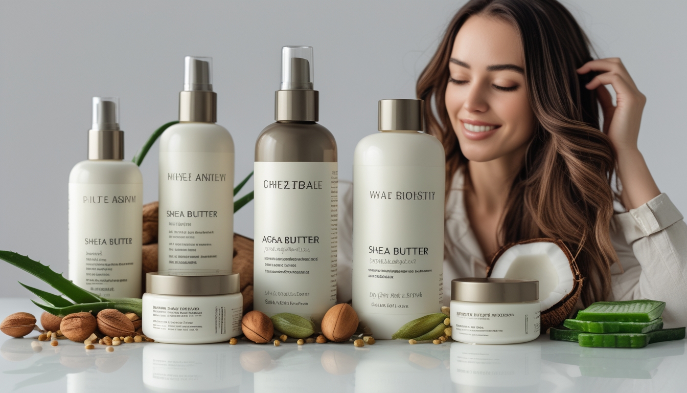 Beberapa produk perawatan rambut diletakkan di atas meja dengan bahan alami di sekitarnya, dan seorang model dengan rambut sehat dan halus menyentuh rambutnya sambil tersenyum.