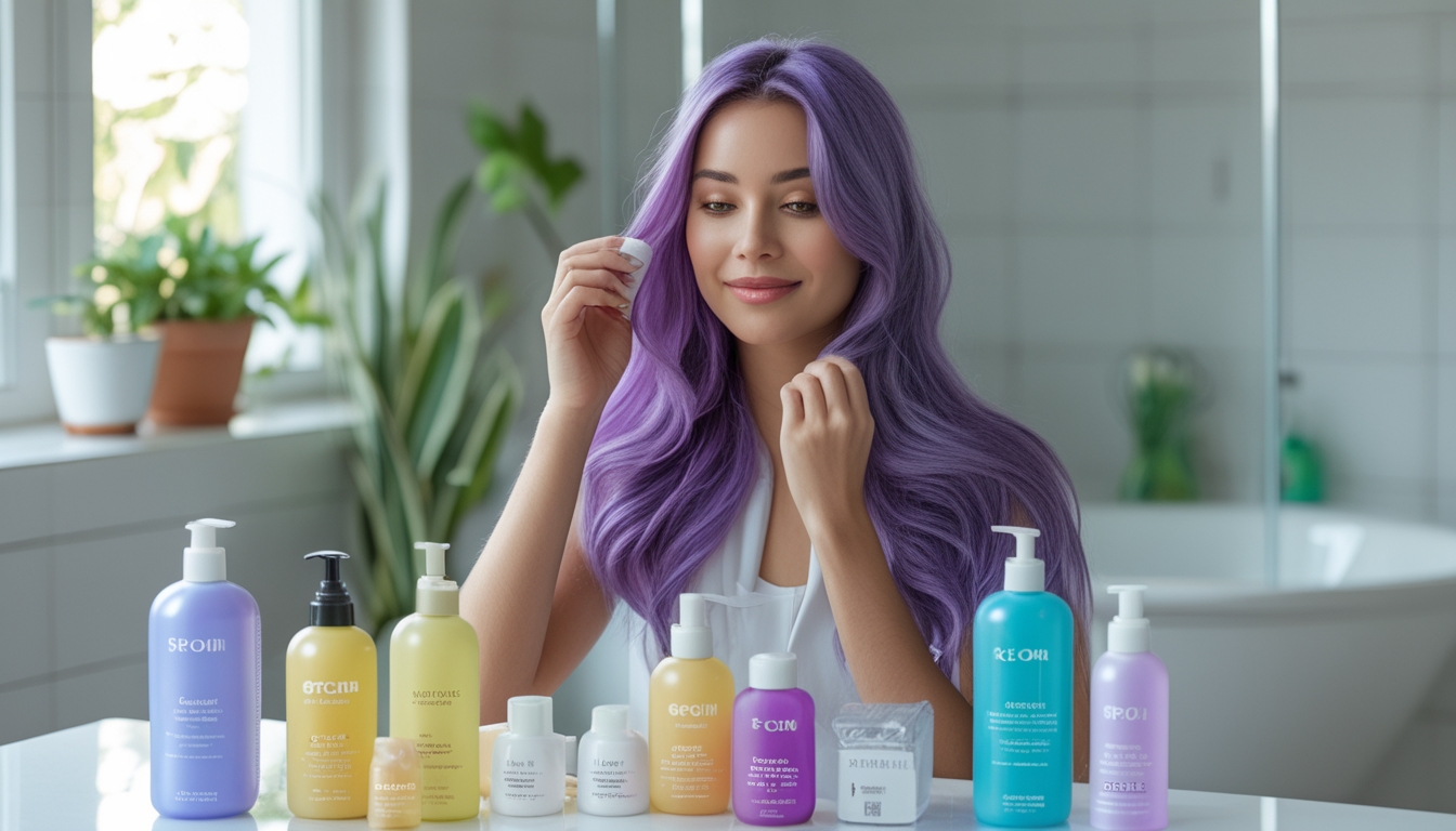 Seorang wanita dengan rambut berwarna cerah sedang mengaplikasikan produk perawatan rambut di kamar mandi yang terang dan bersih.