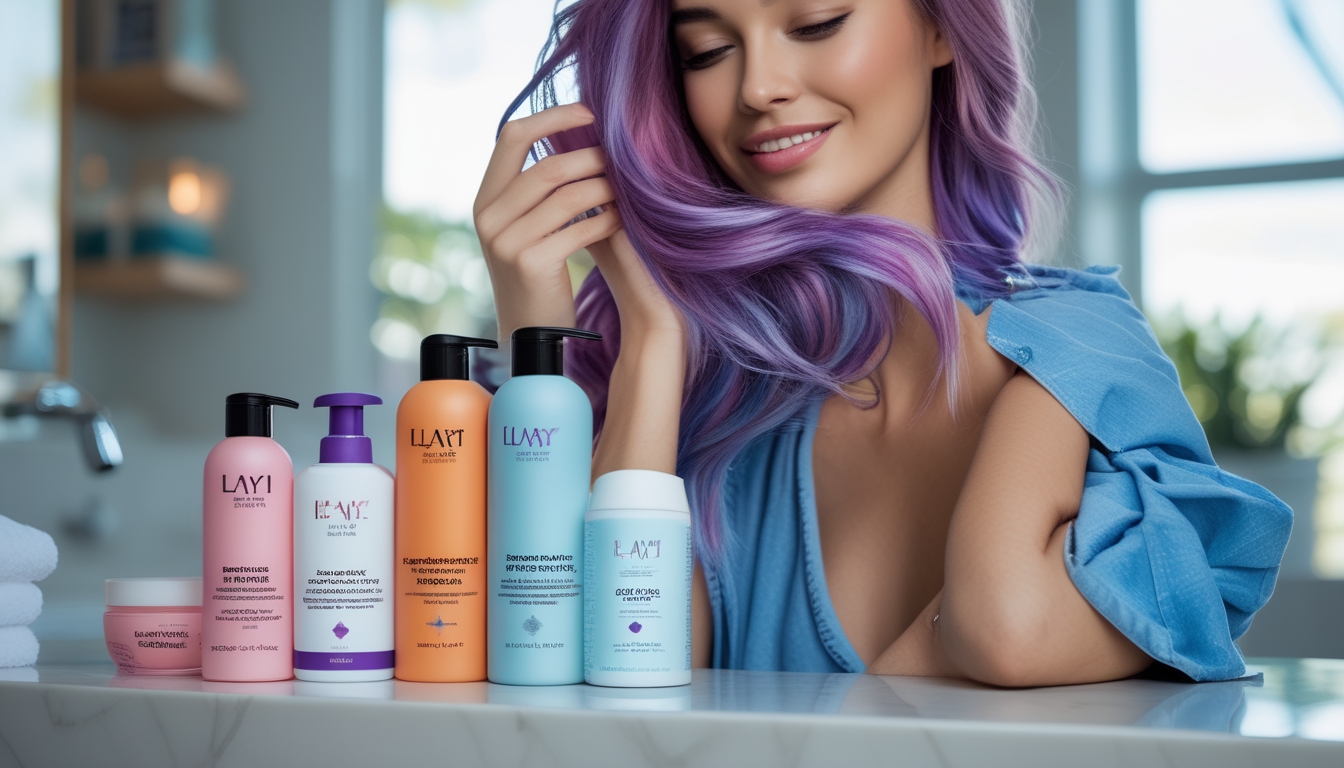 Seorang wanita dengan rambut berwarna cerah sedang menyentuh rambutnya di kamar mandi atau salon dengan produk perawatan rambut di sekitarnya.