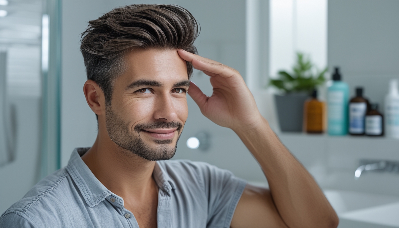 Seorang pria dengan rambut sehat dan rapi menyentuh kulit kepalanya di kamar mandi modern dengan produk perawatan rambut di latar belakang.