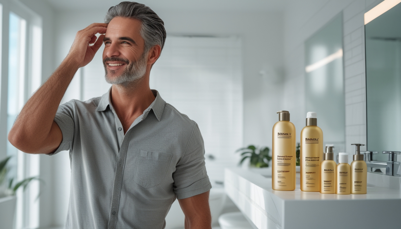Seorang pria dewasa tersenyum sambil menyentuh kulit kepalanya di kamar mandi dengan produk perawatan rambut pria di meja.