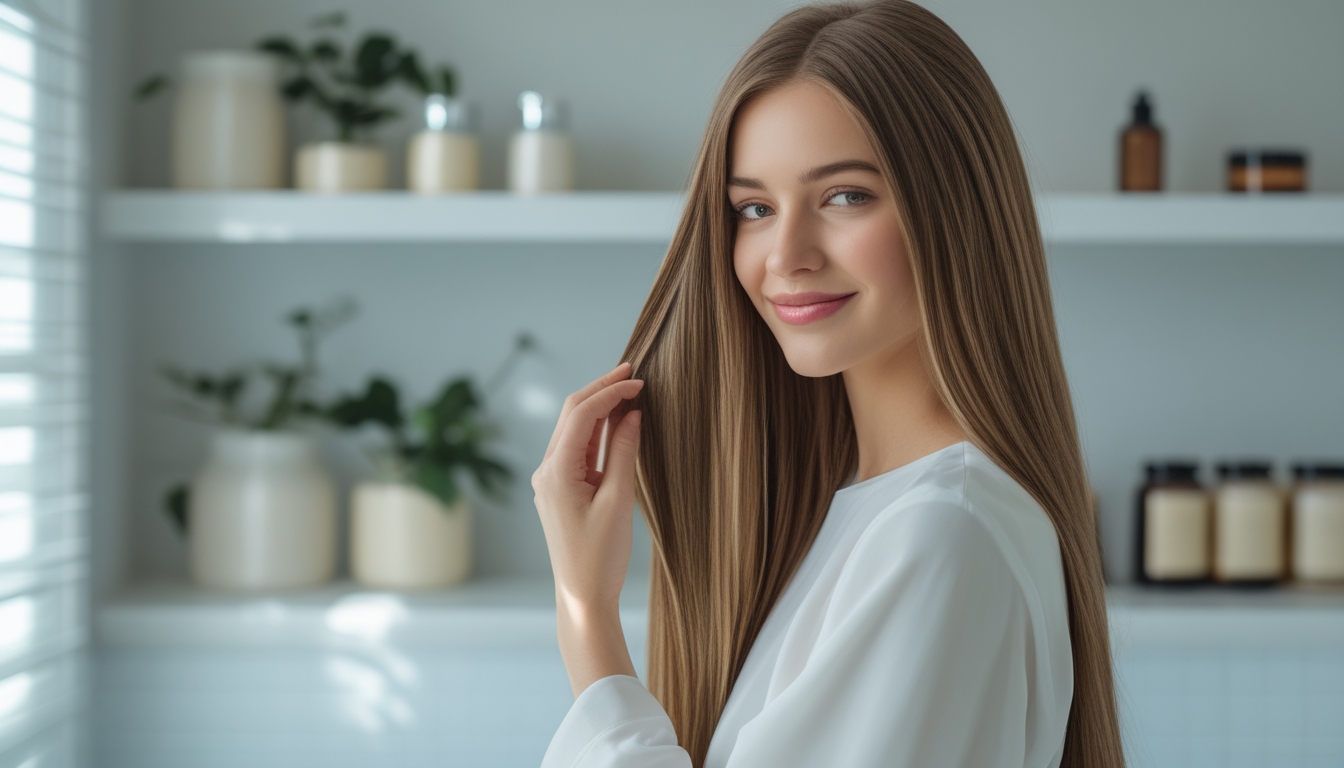 Seorang wanita muda dengan rambut panjang yang sehat tersenyum sambil menyentuh rambutnya di kamar mandi yang terang dan rapi dengan produk perawatan rambut di latar belakang.