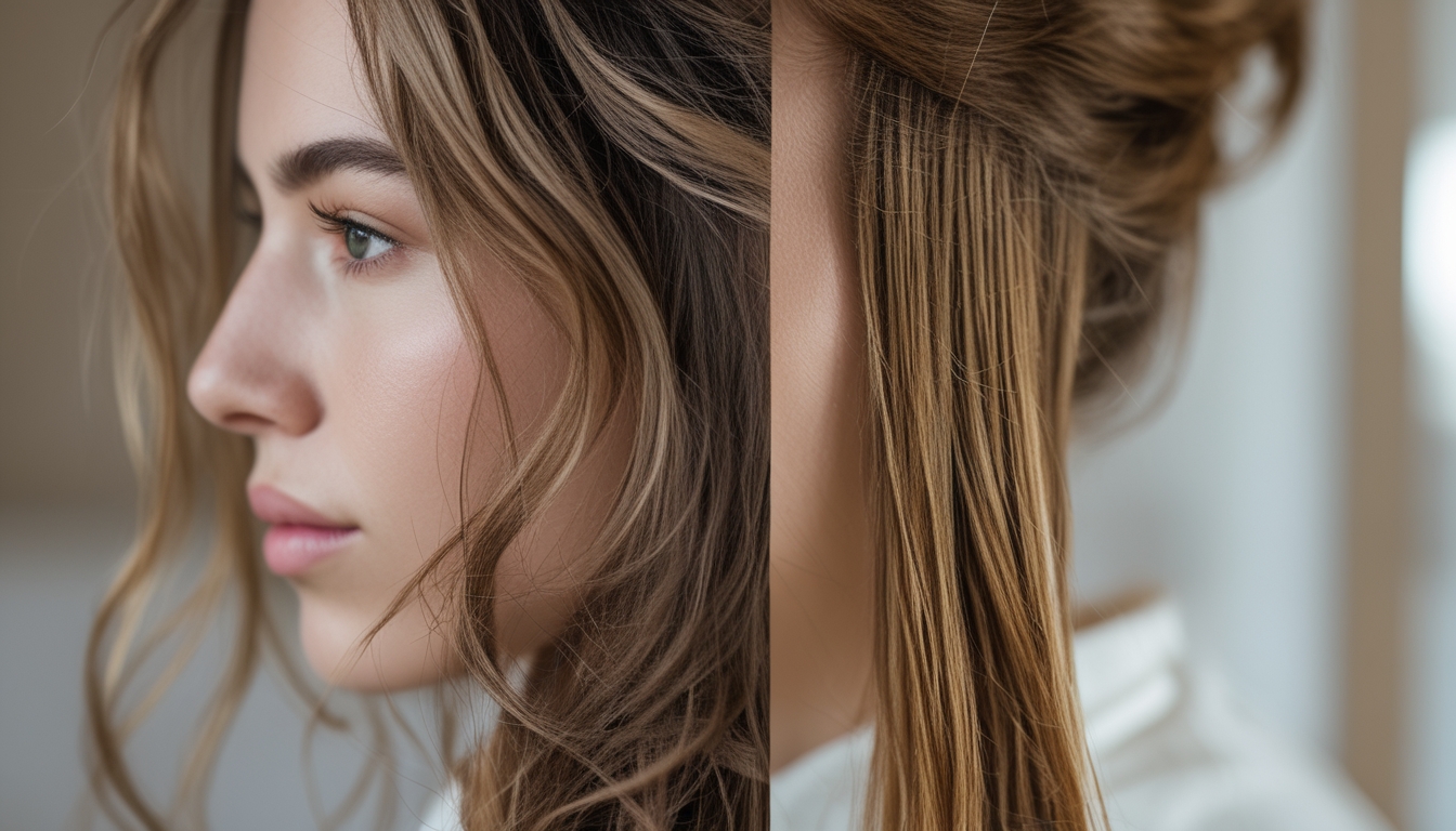 Foto close-up rambut wanita dengan bagian rusak akibat alat styling panas dan bagian yang sehat setelah perawatan