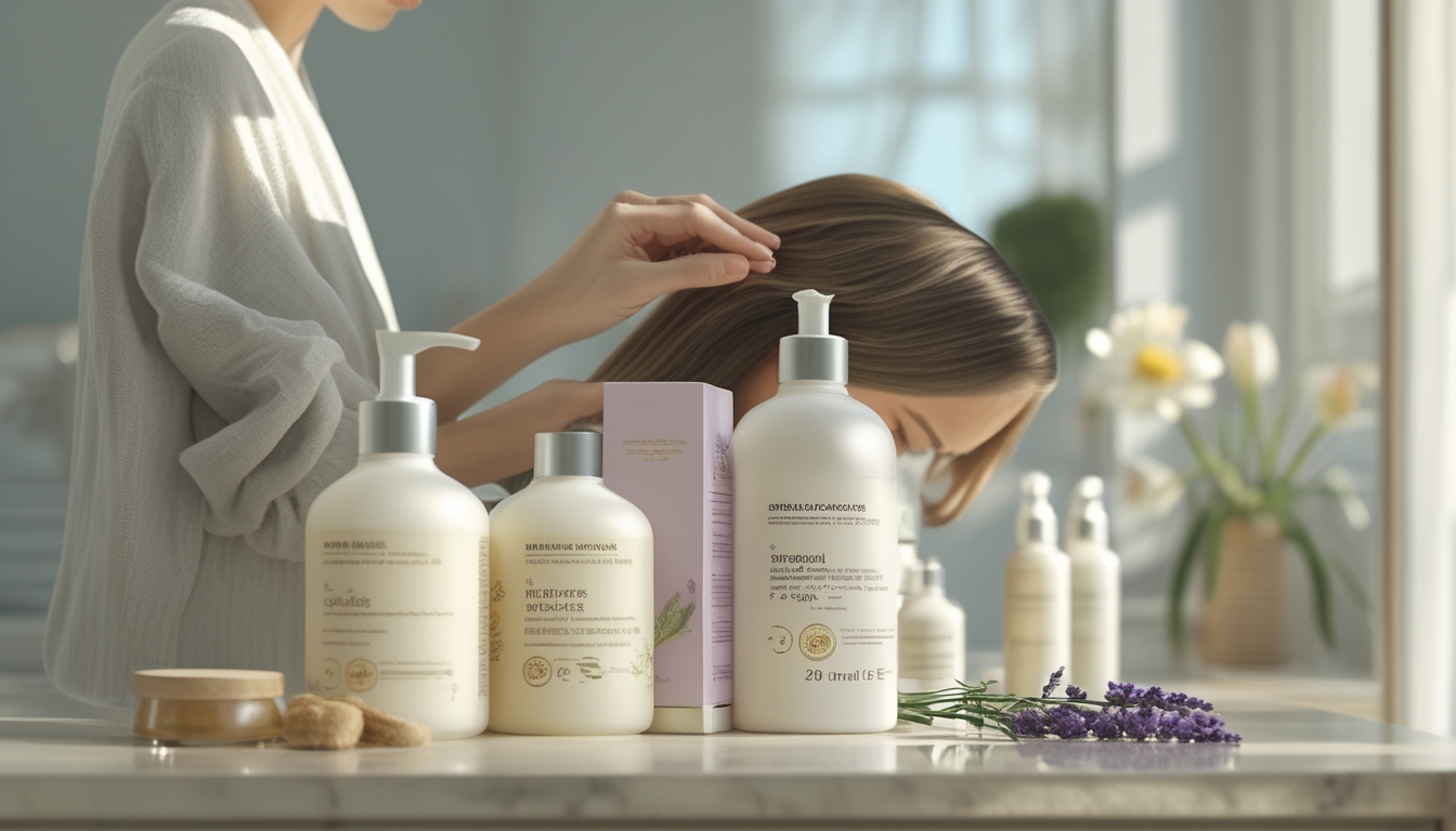 Seorang model dengan rambut sehat menyentuh kulit kepalanya di dekat produk perawatan rambut di meja rias.