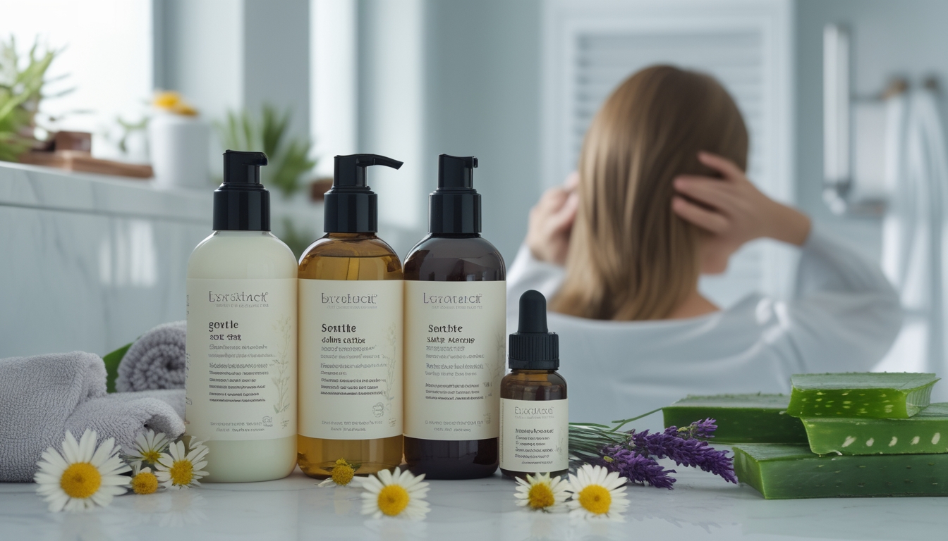 Seorang wanita menyentuh kulit kepalanya dengan lembut di dekat produk perawatan rambut alami di kamar mandi.