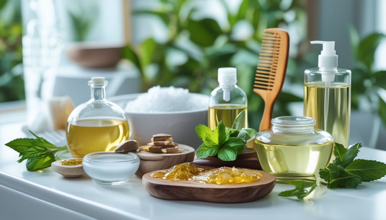 Beberapa produk perawatan rambut alami dengan bahan seperti lidah buaya, minyak kelapa, dan daun hijau yang tersusun rapi di atas meja putih.