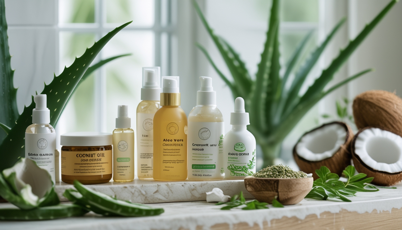 Beberapa produk perawatan rambut alami diletakkan di atas meja dengan tanaman hijau dan bahan alami di sekitarnya.