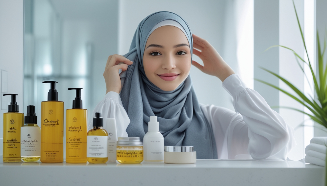 Seorang wanita berhijab tersenyum sambil menyentuh rambutnya yang sehat dan berkilau, dengan produk perawatan rambut tertata rapi di meja di sekitarnya.