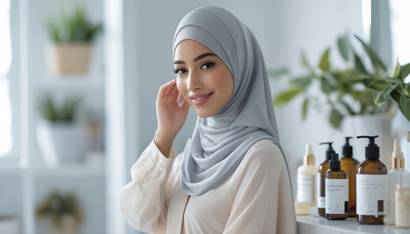 Seorang wanita berhijab tersenyum sambil menyentuh rambut panjangnya yang sehat dan berkilau di ruangan dengan pencahayaan alami dan produk perawatan rambut di latar belakang.