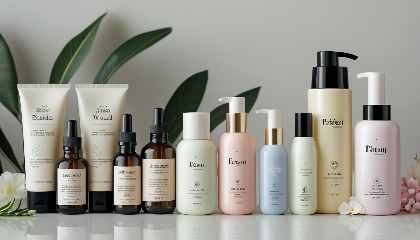 Dua set produk perawatan rambut, satu lokal dan satu Korea, disusun berdampingan di atas permukaan bersih dengan latar belakang daun hijau dan bunga kecil.