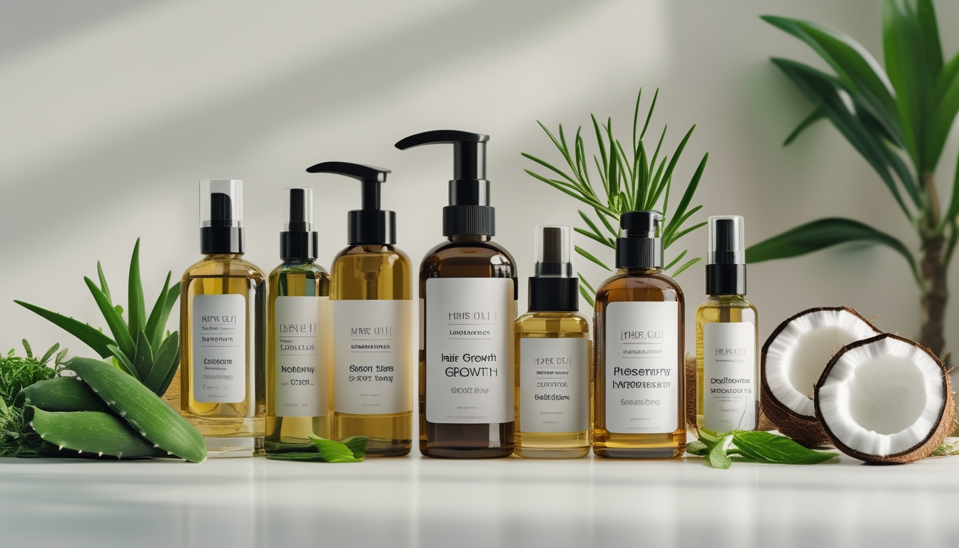 Beberapa produk perawatan rambut alami dengan bahan-bahan segar seperti lidah buaya dan kelapa yang tersusun rapi di atas permukaan bersih.