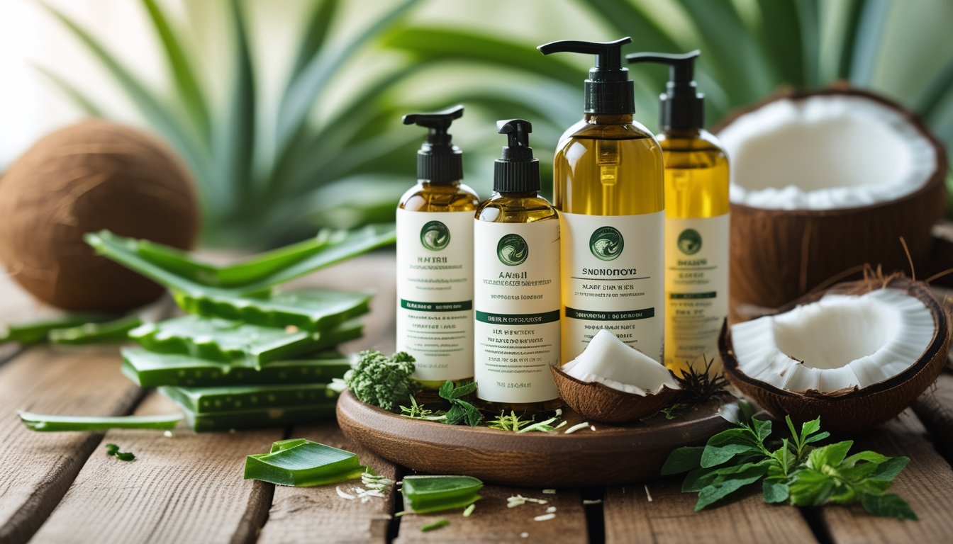 Beberapa produk perawatan rambut alami dengan bahan seperti lidah buaya dan kelapa yang diletakkan di atas permukaan kayu dengan daun hijau di sekitarnya.