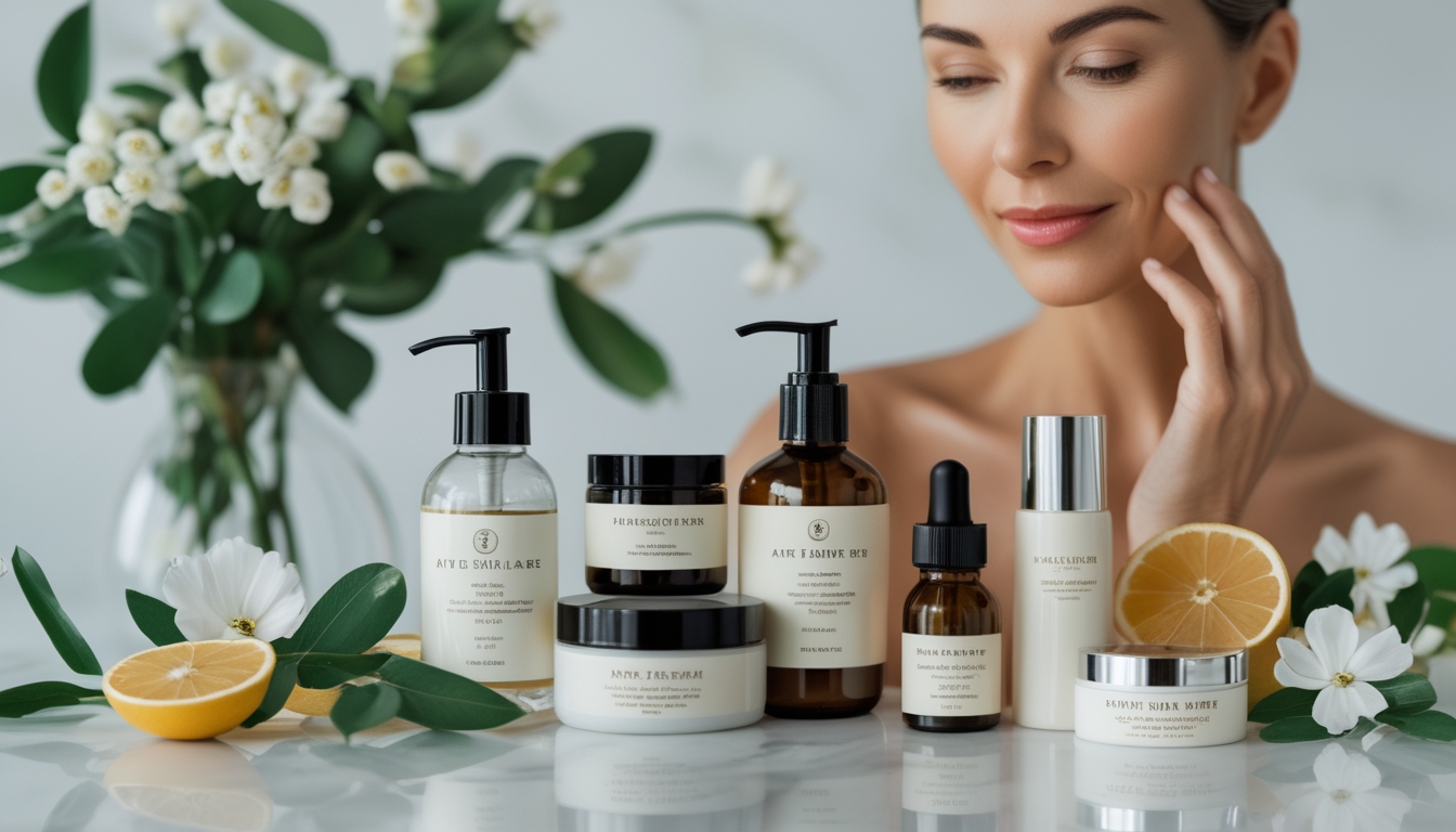 Beberapa produk perawatan kulit anti-penuaan diletakkan di atas meja dengan daun hijau dan buah di sekitarnya, serta seorang wanita dewasa menyentuh wajahnya dengan lembut.