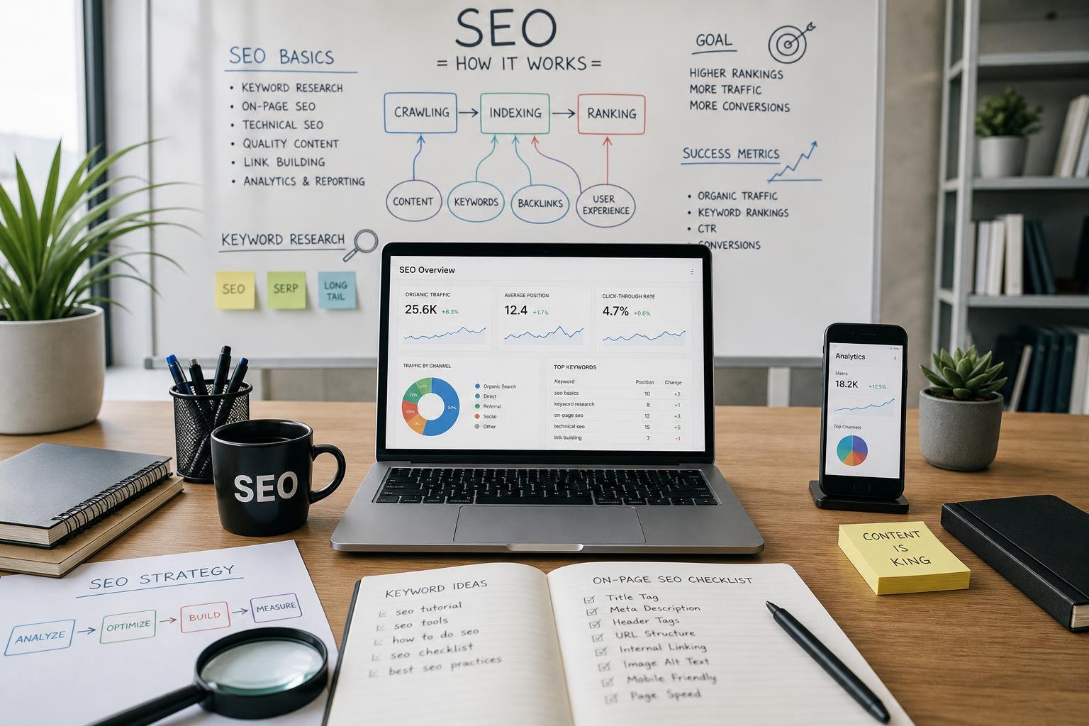 A workspace with a laptop showing graphs, a magnifying glass, notes, and a whiteboard with diagrams related to SEO strategies.