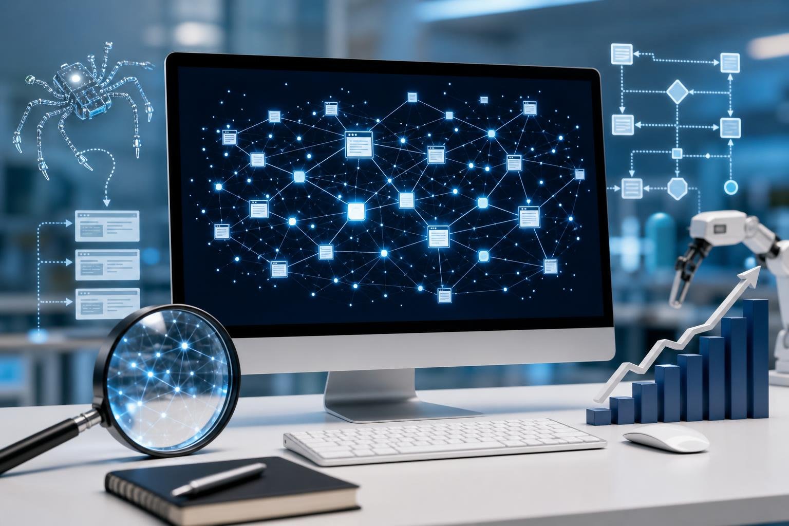 A digital workspace showing a computer screen with interconnected nodes and graphs representing search engine discovery and ranking processes.
